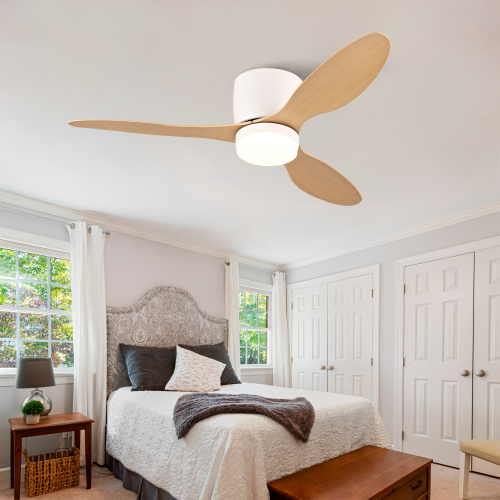 42-inch Ceiling Fan with Light, Ultra-Slim Flush-Mount Design, 3 ABS Plastic Blades, Remote Control Included, 6-Speed Adjustment, Reversible DC Motor, Quiet Operation, Ideal for Bedrooms, Indoor/Outdo - Oak Natural Wood + OFF White - OFF White