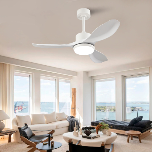 Best-selling 42-inch modern white ceiling fan with light, featuring 3 ABS plastic blades, remote control operation, reversible DC motor, and dimmable LED lighting. - White Marble