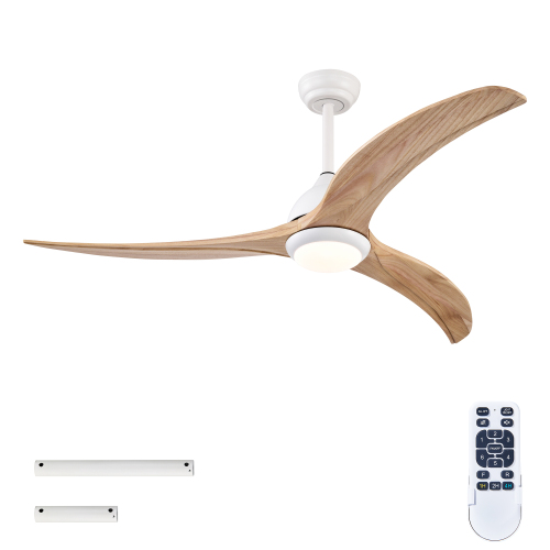 52" Solid Wood Blades Ceiling Fan, Indoor Outdoor Ceiling Fan With Light with Remote Control, Noiseless Reversible Motor, 6 Speed ,3 Color , for Patio Living Room, Bedroom, Office,Indoor.(Matte White) - Matte White,Natural Wood - Metal & Wood - Acrylic
