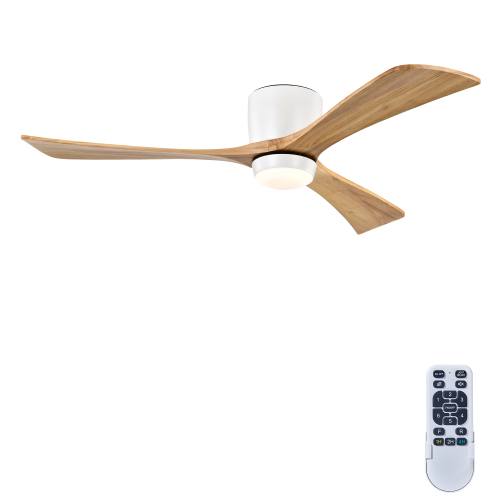 52" Flush Mount Solid Wood Blades Ceiling Fan with Lights Remote Control,Quiet DC Motor, 6 Speed ,Reversible Ceiling Fan for Patio Living Room, Bedroom, Office,Indoor.(Matte White +Natural) - Matte White,Natural Wood - Metal & Wood - Acrylic