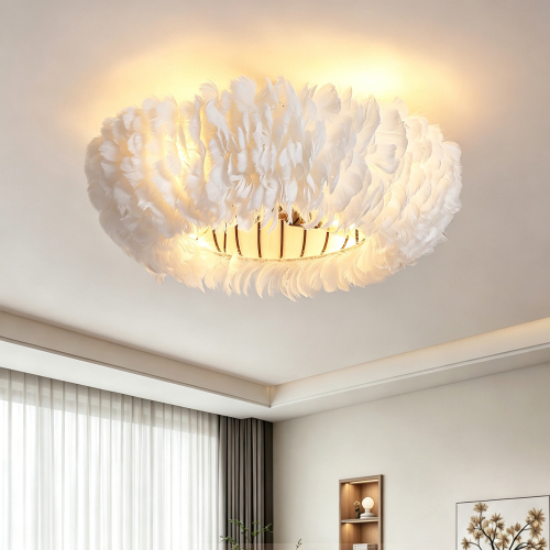 20" Feather-Dressed Caged Ceiling Fans with Remote, Flush Mount Ceiling Fan with Light, Chandelier Fan 6 Speed DC Motor Reversible Ceiling Fan For Living Room Bedroom.--NOT INCLUDED BULBS - White - PC - Iron - American Design,Antique,Classic