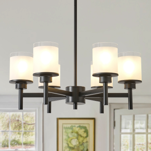 Matte Black 6-Light Frosted Glass Adjustable Farmhouse Chandelier