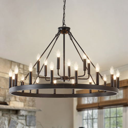 40-Inch Matte Black Iron 22-Light Two-Tier Wagon Wheel Chandelier