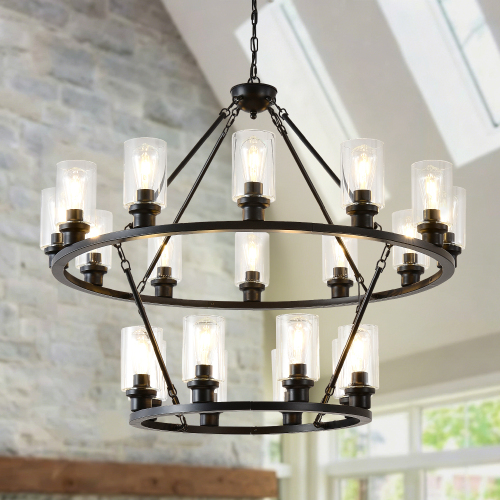 20-Light Two-Tier Black Metal & Wood Wagon Wheel Chandelier
