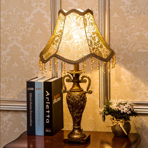 Antique Brass Resin Table Lamp with Fabric Drum Shade, 20.5 Inch