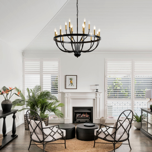 31.5-Inch 18-Light Gold and Black Iron Farmhouse Pendant Chandelier