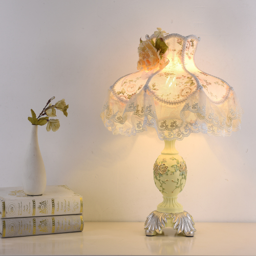 Vintage Ivory & Pink Resin Table Lamp with Pleated Fabric Shade