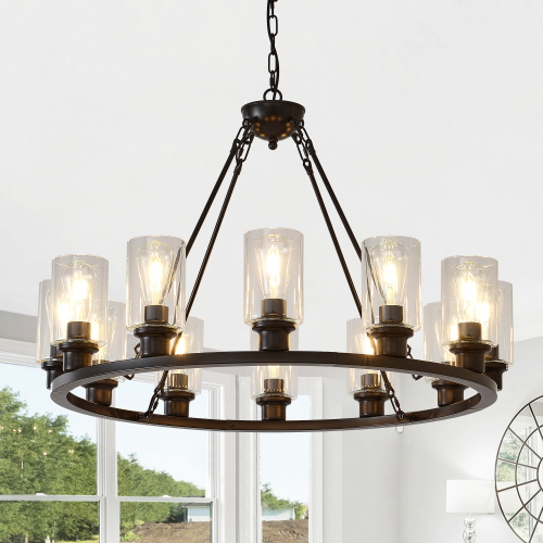 34.25-Inch Coffee Brown Metal & Glass 12-Light Wagon Wheel Chandelier