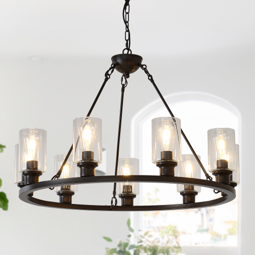 34.25-Inch 9-Light Coffee Brown Metal Wagon Wheel Chandelier