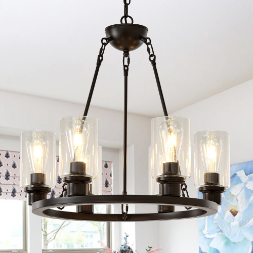 23.62-Inch Coffee Brown Metal and Glass 6-Light Wagon Wheel Chandelier