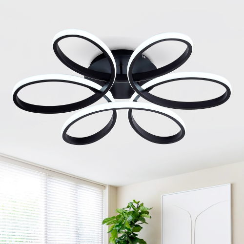 23-Inch Black Metal 6-Ring Flower LED Flush Mount Ceiling Light