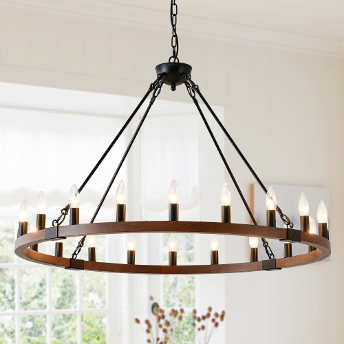 39.3-Inch Matte Black and Wood 20-Light Wagon Wheel Chandelier