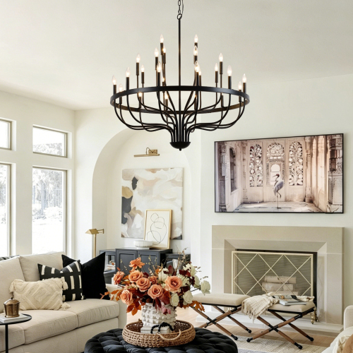 24-Light Matte Black Iron Chandelier, 39.4-Inch American Design