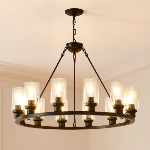 34.5-Inch Matte Black Metal & Wood 12-Light Wagon Wheel Chandelier