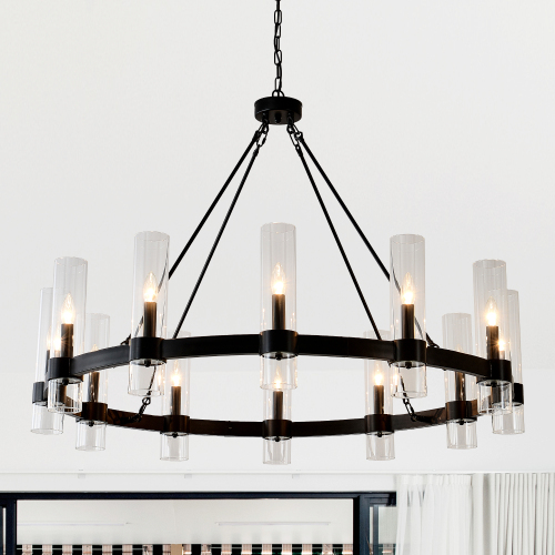 43.3-Inch Matte Black Metal & Wood 12-Light Wagon Wheel Chandelier
