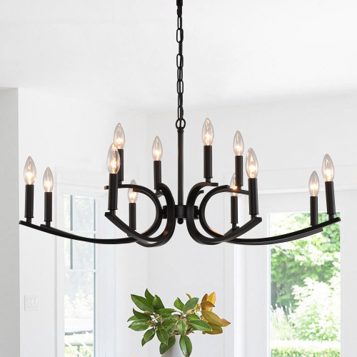 35.43-Inch 12-Light Matte Black Iron Farmhouse Chandelier