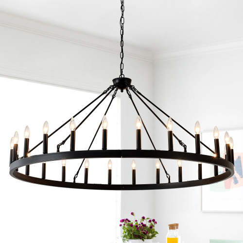 Large 53.15-Inch Matte Black Iron Wagon Wheel 24-Light Chandelier