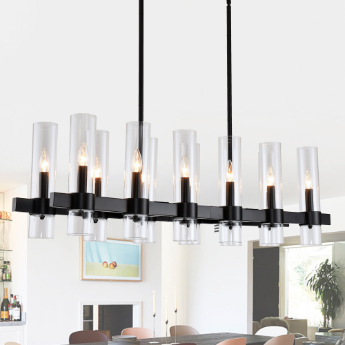 12-Light Matte Black and Wood Linear Chandelier with Clear Glass Shades