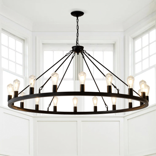 53-Inch Black Iron Wagon Wheel Chandelier, 18-Light Fixture