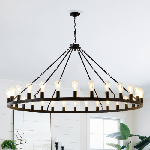 64-Inch Matte Black Iron Wagon Wheel 30-Light E26 Chandelier