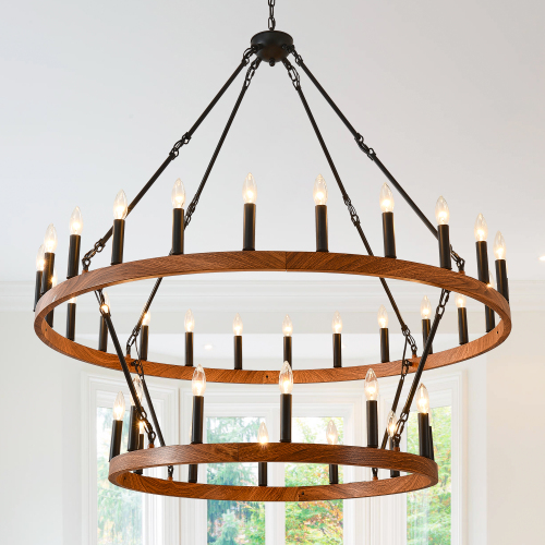 47.24-Inch Wood Grain 36-Light Two-Tier Iron Wagon Wheel Chandelier