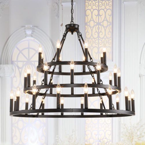 Matte Black 39.37-Inch Iron 36-Light Wagon Wheel Chandelier for High Ceilings