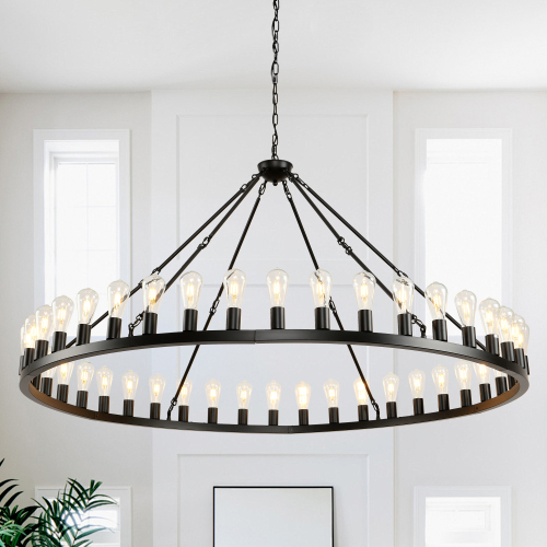 64-Inch Matte Black Iron 42-Light Wagon Wheel Pendant Chandelier