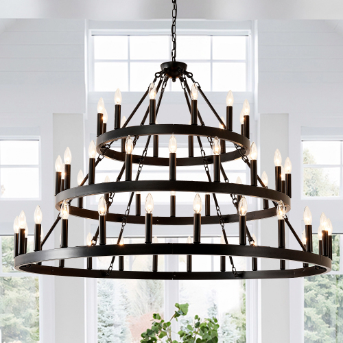 54-Light 3-Tier Matte Black Iron Wagon Wheel Chandelier for High Ceilings