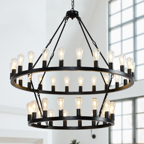 47.24-Inch Matte Black Iron 36-Light Wagon Wheel Chandelier