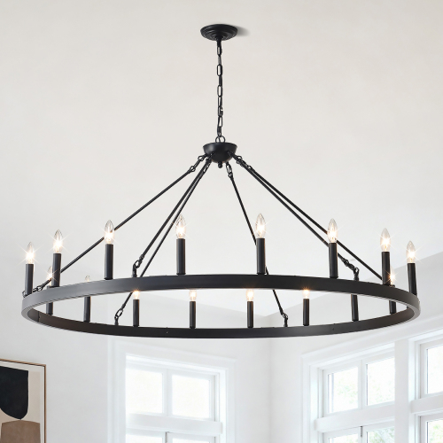 53.15-Inch Matte Black Iron and Metal 18-Light Wagon Chandelier