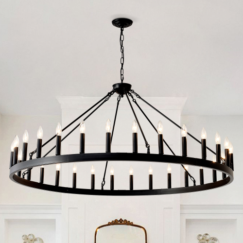 53.15-Inch Matte Black 30-Light Iron Wagon Wheel Chandelier