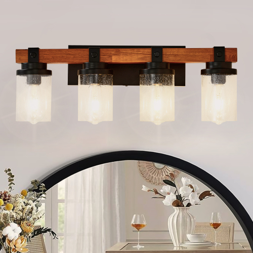 4-Light Matte Black and Wood Glass Shade Ceiling Light Fixture