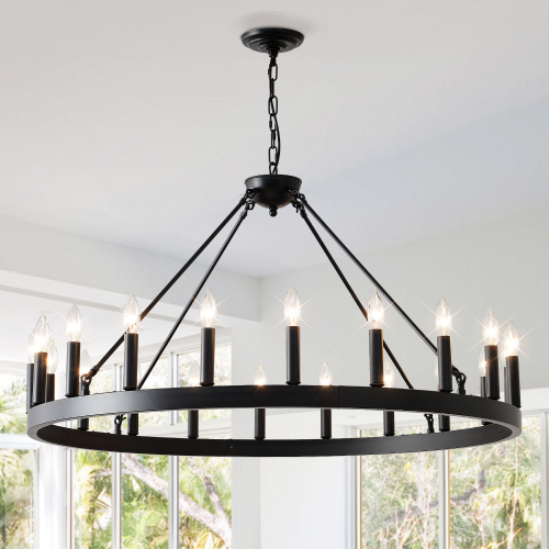 39.4-Inch Matte Black Iron 20-Light Wagon Wheel Ceiling Chandelier