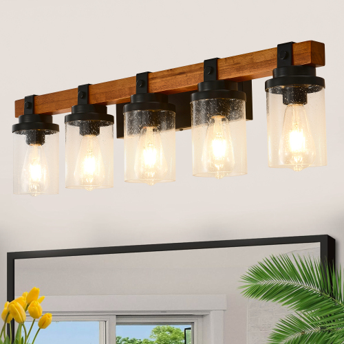 5-Light Matte Black Wood and Glass LED Fixture, Bulbs Not Included