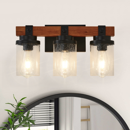 3-Light Matte Black, Wood and Glass LED Wall Light, 16.14-Inch