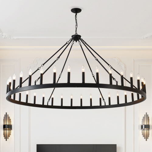 63.8 INCH 36-Light Extra Large Wagon Wheel Chandelier, Black Farmhouse Round Wheel Chandelier Light Fixtures Wagon Wheel Chandeliers For Porch High Ceilings Dining Room Living Room,Kitchen,Bedroom-E12 - Matte Black - Iron,Metal - American Design,American Traditional,Contemporary - Ceiling Lights - LED - 1000lm-5000lm - Metal - Iron - 63.8-Inch