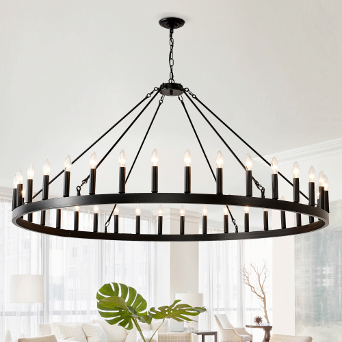 59.1-Inch Matte Black Iron 36-Light Wagon Wheel Chandelier Fixture