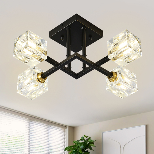 Modern 4-Light Matte Black Crystal and Metal Ceiling Light Fixture