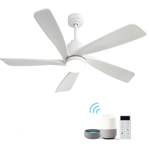 52-Inch White Metal & Wood Ceiling Fan with Dimmable LED Light
