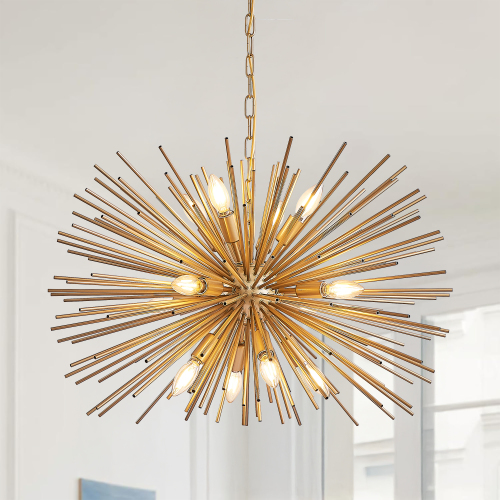 29-Inch Gold Iron 12-Light Mid-Century Starburst Chandelier