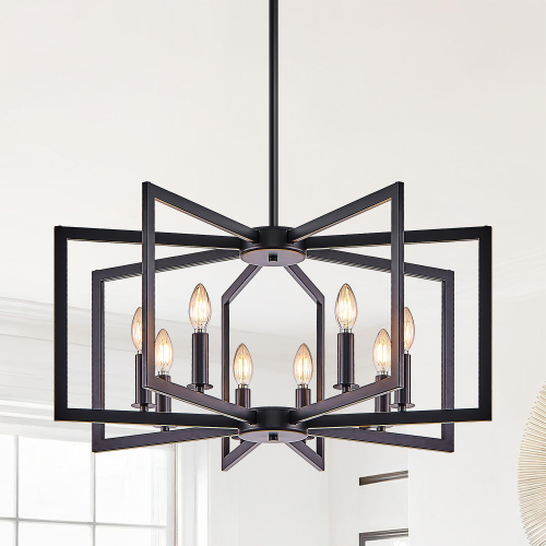 27-Inch Black Geometric 8-Light Iron Chandelier for Modern Interiors