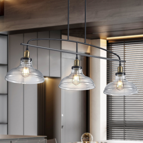 45-Inch Black Iron 3-Light Pendant Chandelier with Glass Shades