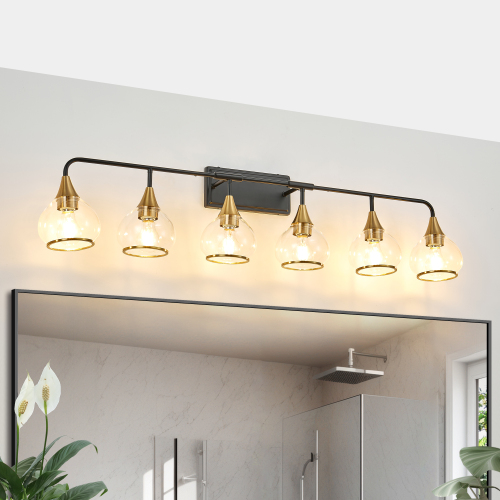 48-Inch 6-Light Black and Gold Iron Vanity Light with Glass Shades
