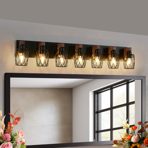 44.3-Inch Industrial 7-Light Iron Wall Sconce in Walnut and Black