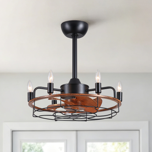 20" Modern Farmhouse Ceiling Fan, Wood Grain Rustic Fandelier with E12 Sockets, Adjustable Hanging, Reversible DC Motor, 6 Speeds Remote Control Ceiling Fan for Dining Room Kitchen Bedroom - Black+Brown - ABS,Metal - ABS - American Design,Farmhouse,Industrial,Mid-Century Modern,Retro