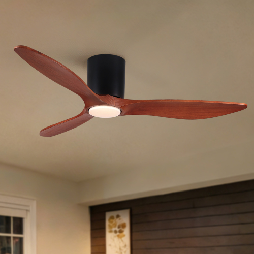 52" Mordern Farmhouse Retro Solid Wood Low Profile Flush Mount Ceiling Fan with Light and Reversible Quiet Motor - Matte Black - Metal,Solid Wood - American Design,Farmhouse,Mid-Century Modern,Modern,Vintage