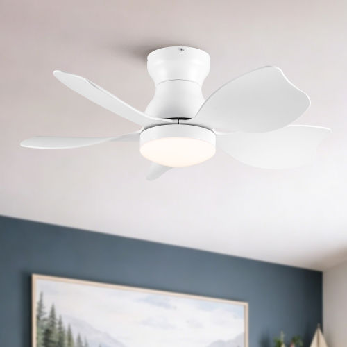 30 Inch Low Profile Flush Mount Ceiling Fan with Light, Ultra Quiet DC Motor, Reversible 6 Speed, 3 Color Dimmable LED, Remote Control & Timer, Modern Ceiling Fan for Bedroom Kids Room Small Space - White - ABS,Metal - American Design,Boho,Contemporary,Minimalist,Modern - 30-Inch