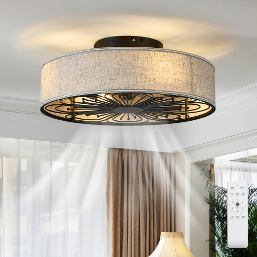 20-Inch Black Iron Caged Flush Mount Ceiling Fan with Light and Remote