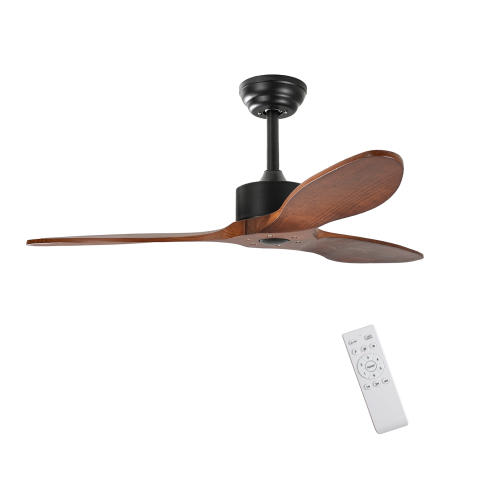 42" Wood Ceiling Fan NO light, 3 Reversible Blades, with 6 Speeds Reversible DC Motor,Low Profile Ceiling Fan with no light for Living Room Kitchen Bedroom - Black+Brown - Metal & Wood