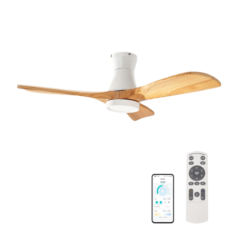 42'' Ceiling Fan with Light, Flush Mount, 3 Solid Wood Blades, Quiet Reversible DC Motor, APP & Remote Control, Dimmable Full-Spectrum LED, for 15x15 ft Living Room or Bedroom, No-Slope Ceiling Design - Gold+White - Metal & Wood - 15-ft